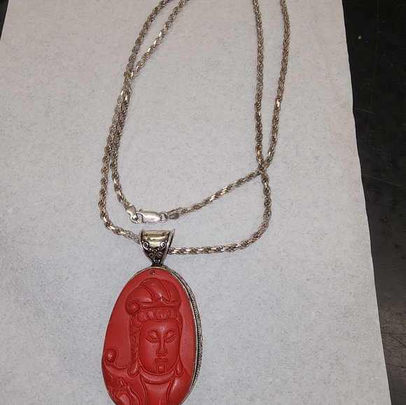 Vintage Sterling‎ and cinnabar Buddha necklace NWOT - Picture 7 of 16